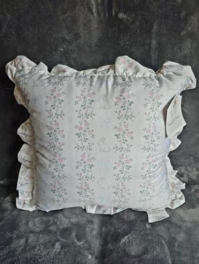 My Texas House 18"x 18" Easter White Bunny blue bow Ruffle Decorative Pillow NWT